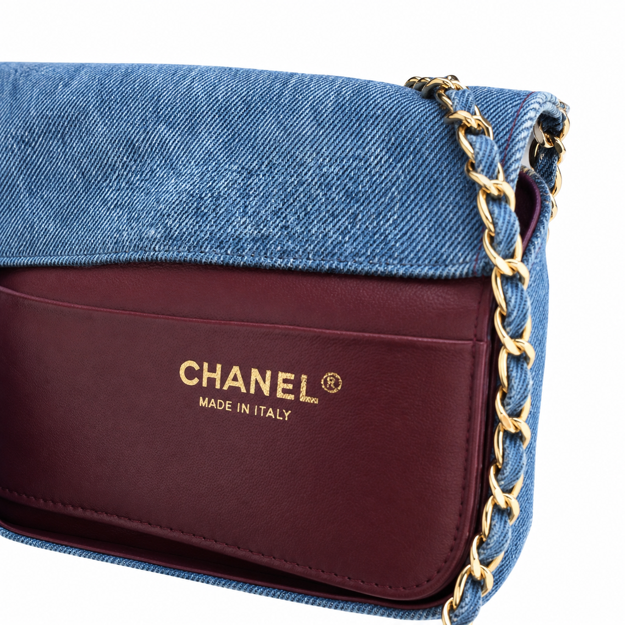 Chanel Medium Blue Denim Single Flap | Denim-Interwoven Gold Chain & CC Clips — 22cm
