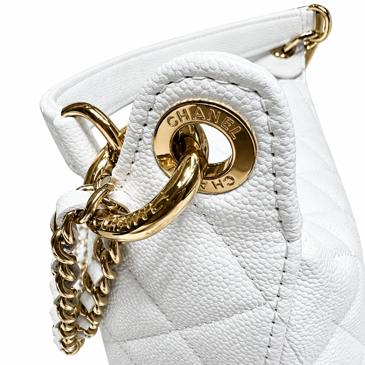 Chanel Crescent Hobo Quilted Caviar White Gold Pearl Zip Dual Chain 22cm