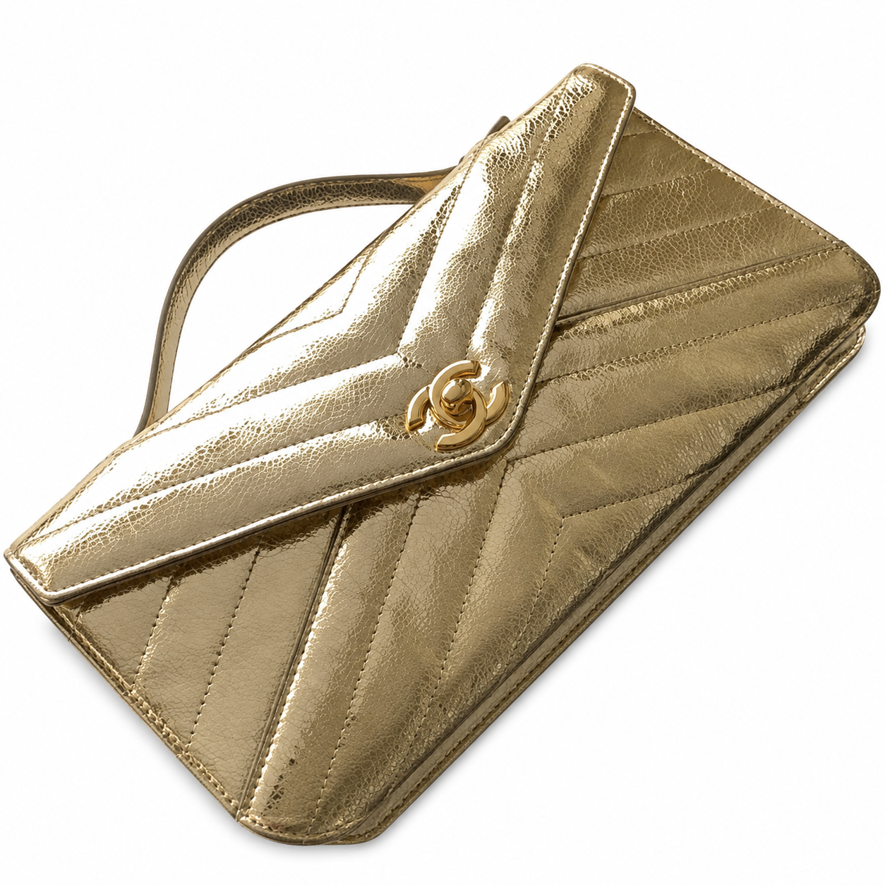 Chanel Champagne Gold Crinkled Metallic Envelope Bag | Chevron Quilting & Gold CC Turn-Lock
