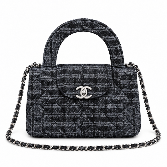 Chanel Mini Coco Handle Quilted Check Fabric Charcoal Gunmetal 19cm