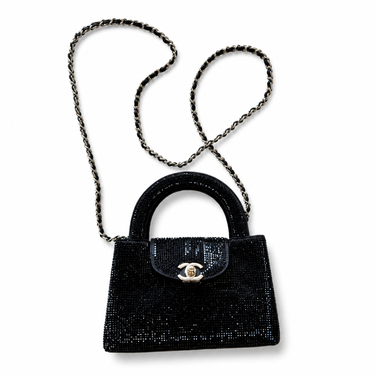 Chanel Black Crystal Mini Top-Handle Flap | Crystal Arch Handle & Silver Chain — 19cm