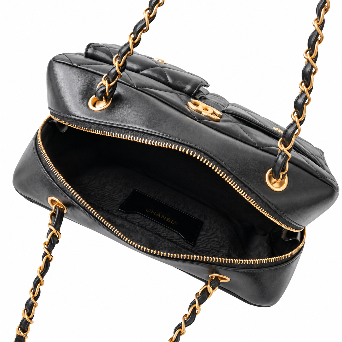 Chanel Quilted Lambskin Dual Pocket Bowling Bag Black 21×33×15cm