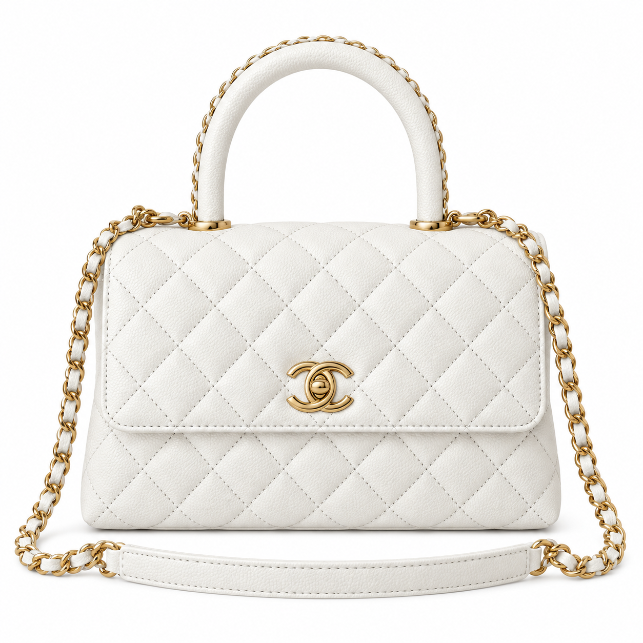 Chanel Coco Handle Quilted Caviar Top Handle Bag White 23cm