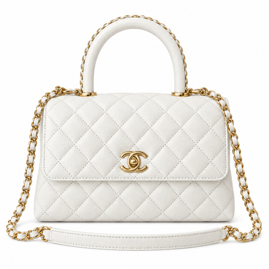Chanel Coco Handle Quilted Caviar Top Handle Bag White 23cm