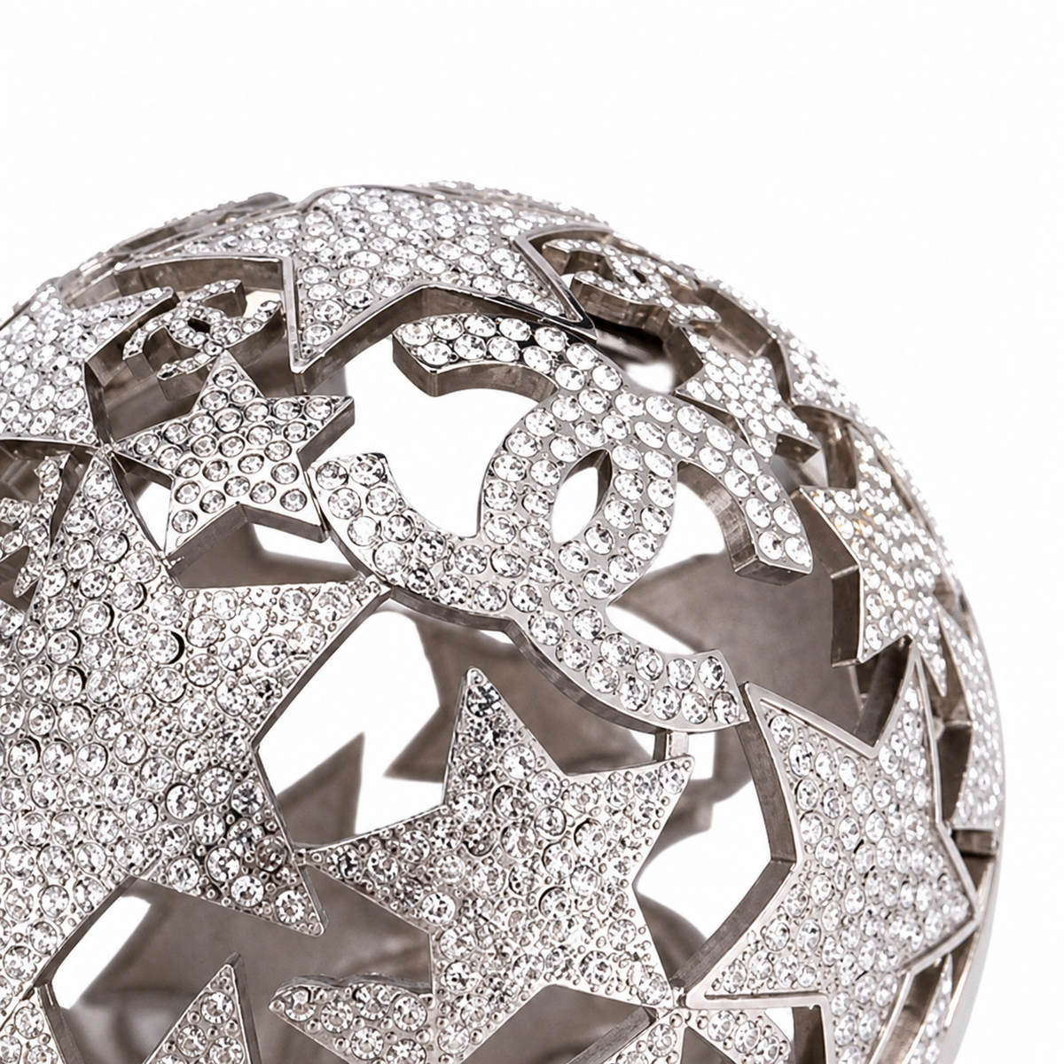Chanel CC Crystal Star Globe Minaudiere | Silver Filigree & Chain — 13cm