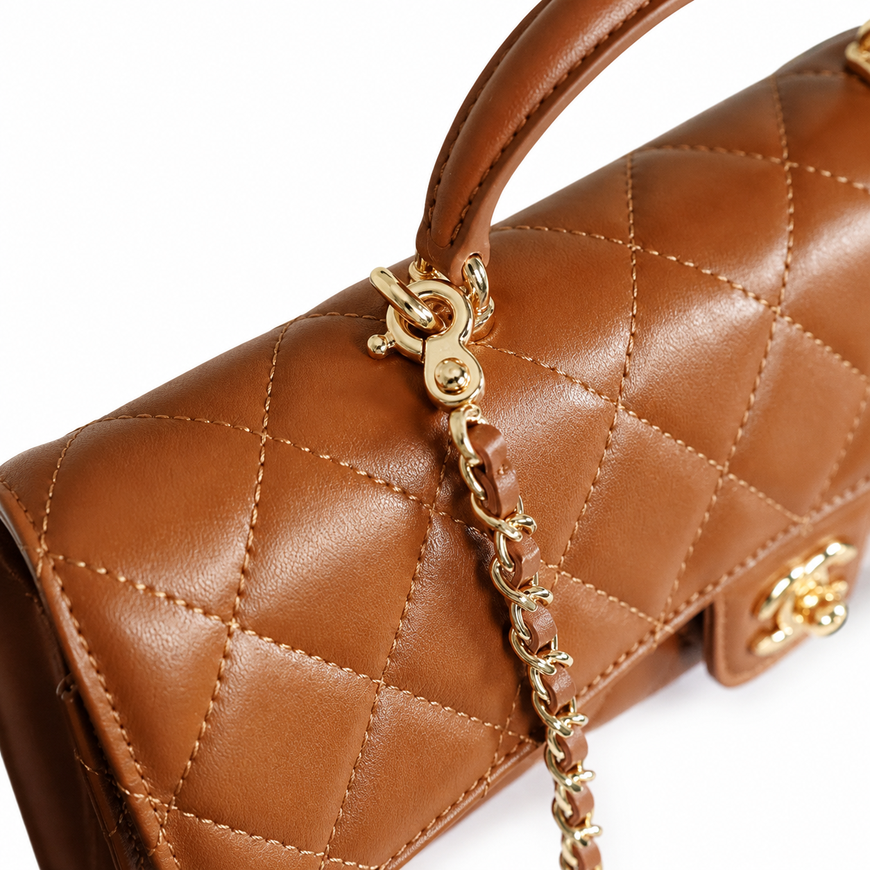 Chanel Caramel Lambskin Large-Quilted Elongated Flap Bag | Top Handle & Tonal Gold Chain