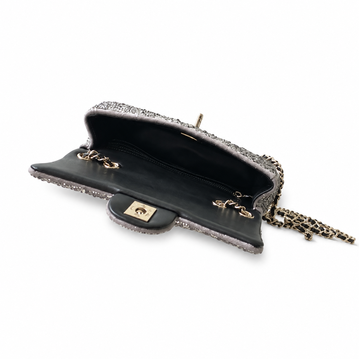 Chanel Grey Suede Monochrome Rhinestone Flap Bag | Silver-Grey Crystal Base, Black Hematite Scatter & Square CC Turn-Lock