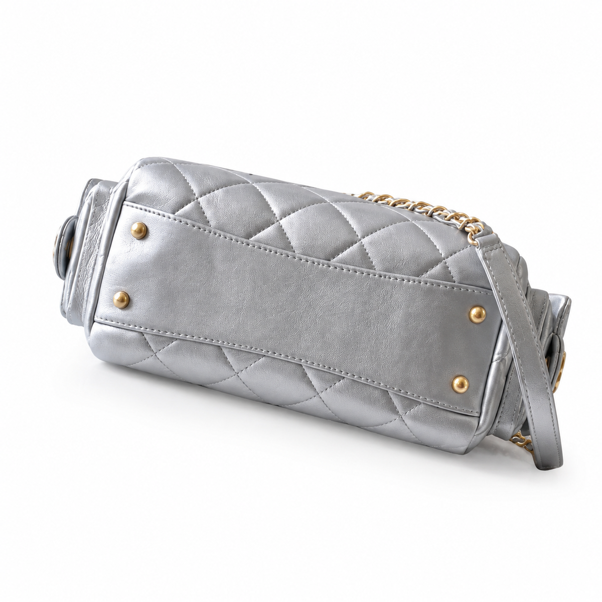 Chanel Metallic Silver Crinkled Leather Quilted Camera Bag | Gold CC, Mixed-Metal Chain & Side Pockets