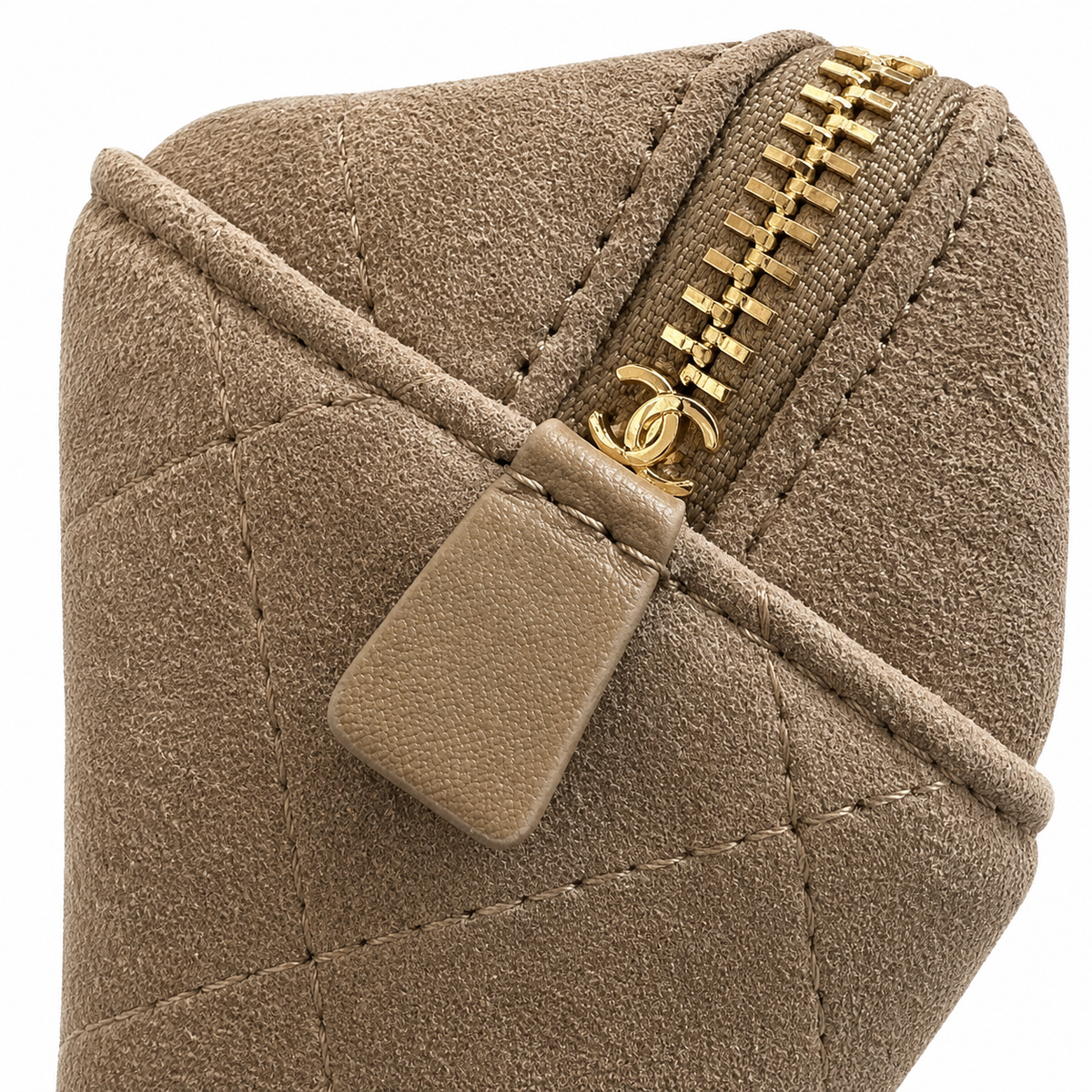 Chanel Camel Suede Quilted Camera Bag | CC Turn-Lock Front Pocket, Top Zip & Gold Chain