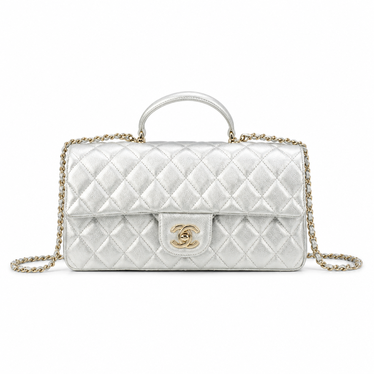 Chanel Mirror Silver Quilted Classic Flap | Top Handle & Back Exterior Pocket — 25cm