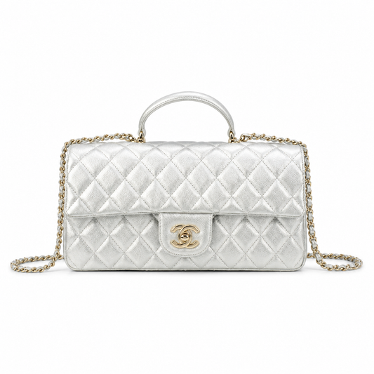 Chanel Mirror Silver Quilted Classic Flap | Top Handle & Back Exterior Pocket — 25cm