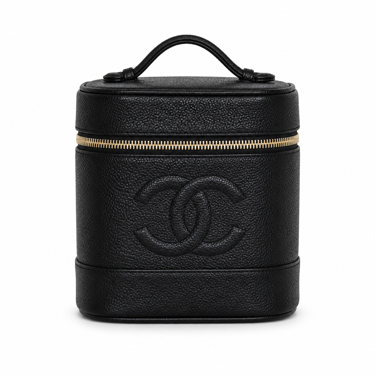 Chanel CC Caviar Leather Vanity Cylinder Case | Black & Gold Zip — 17cm