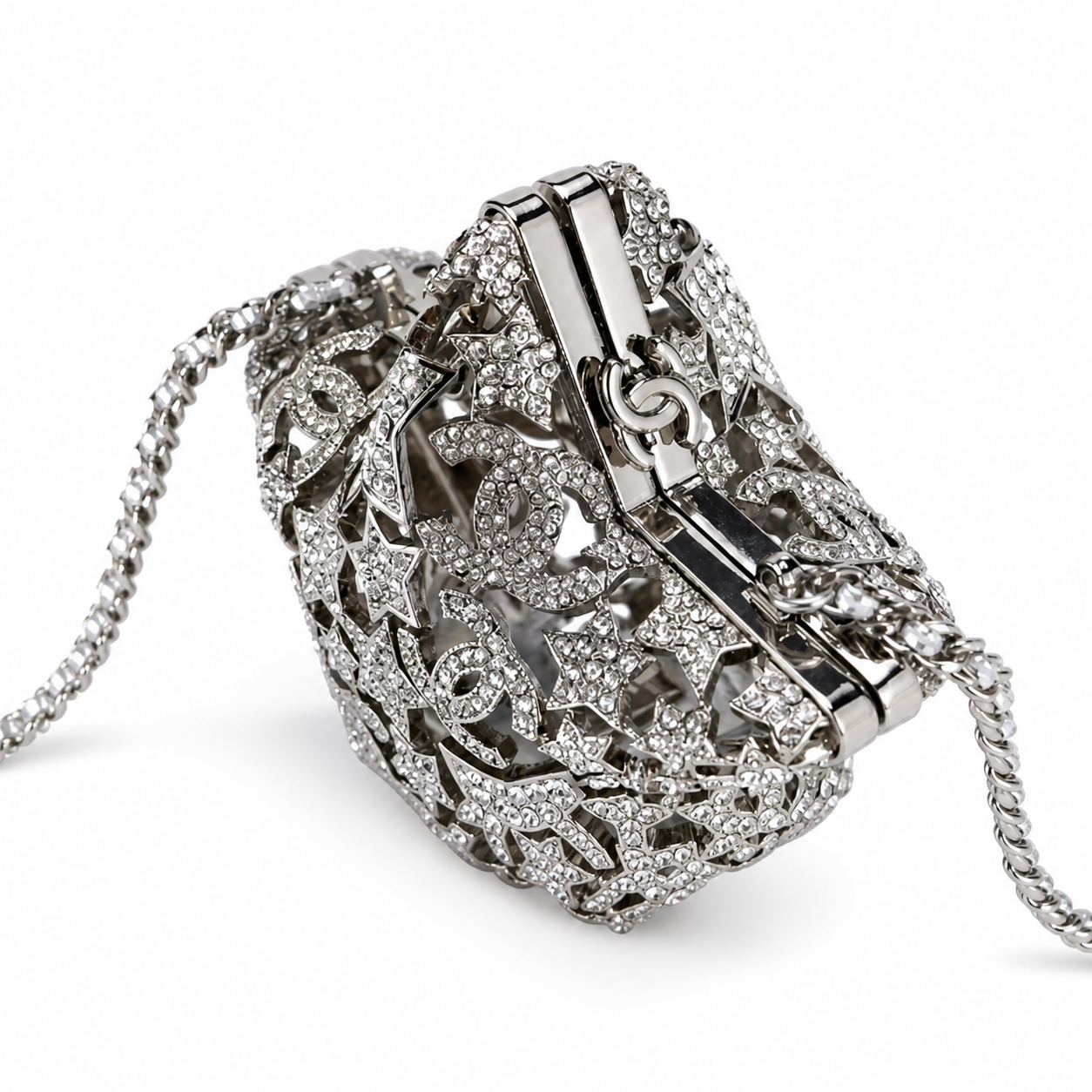 Chanel CC Pavé Crystal Star Minaudiere | Silver Filigree & Chain — 13cm