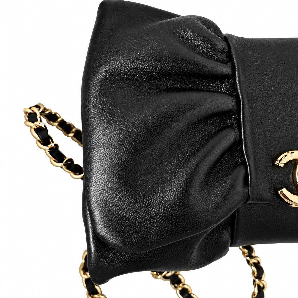 Chanel Bow Bag Ruched Lambskin Chain Shoulder Bag Black 22cm