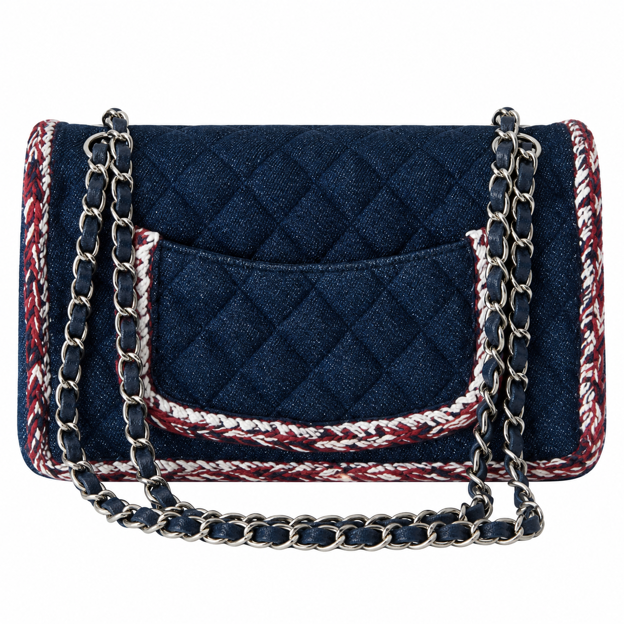 Chanel Quilted Navy Denim Flap Bag Multicolor Braid Trim 25cm