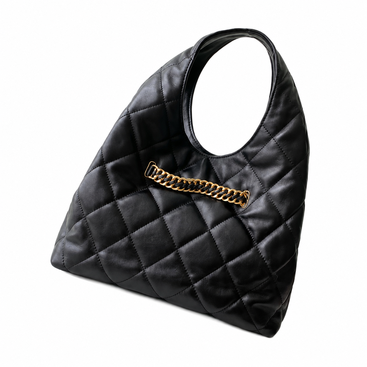 Chanel Black Quilted Lambskin Large Hobo Bag with CC Emblem & Decorative Chain