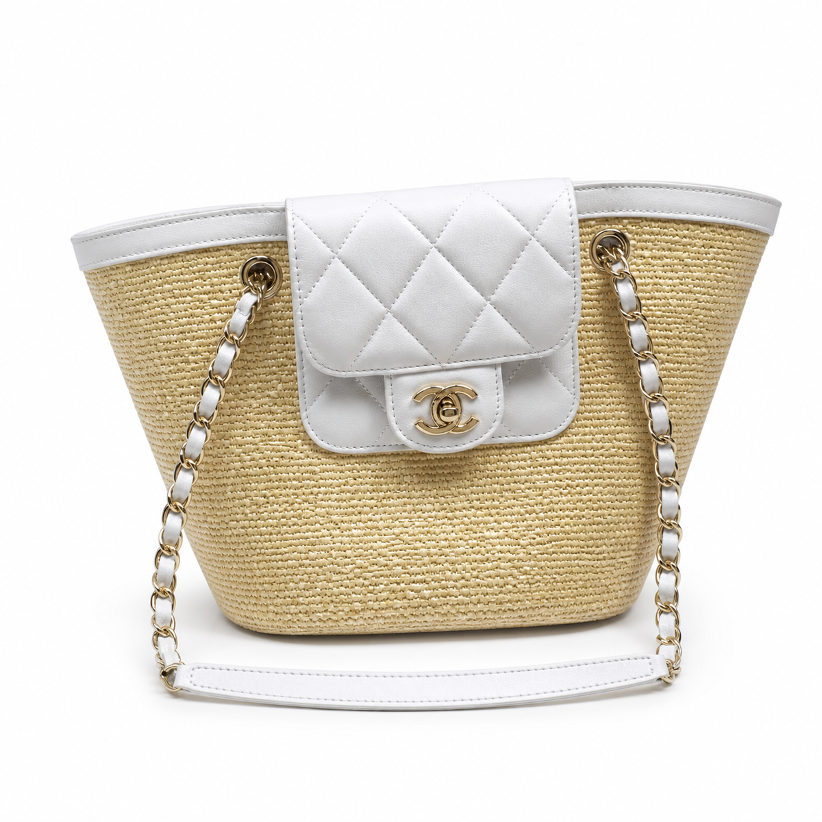 Chanel Small Basket Bag Natural Raffia & White Quilted Lambskin | Silver CC Turn-Lock — 41cm