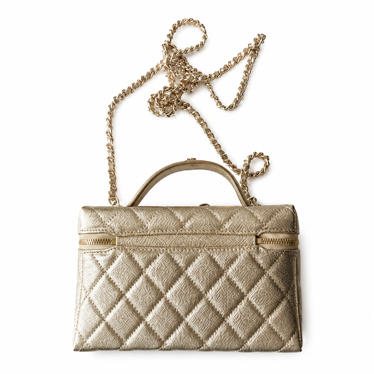 Chanel Gold Metallic Quilted Vanity Box Bag | Top Handle & Long Gold Chain