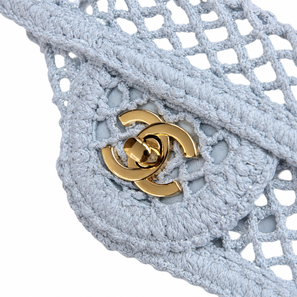 Chanel Pale Blue Open-Weave Crochet Classic Double Flap | Gold CC — 21cm