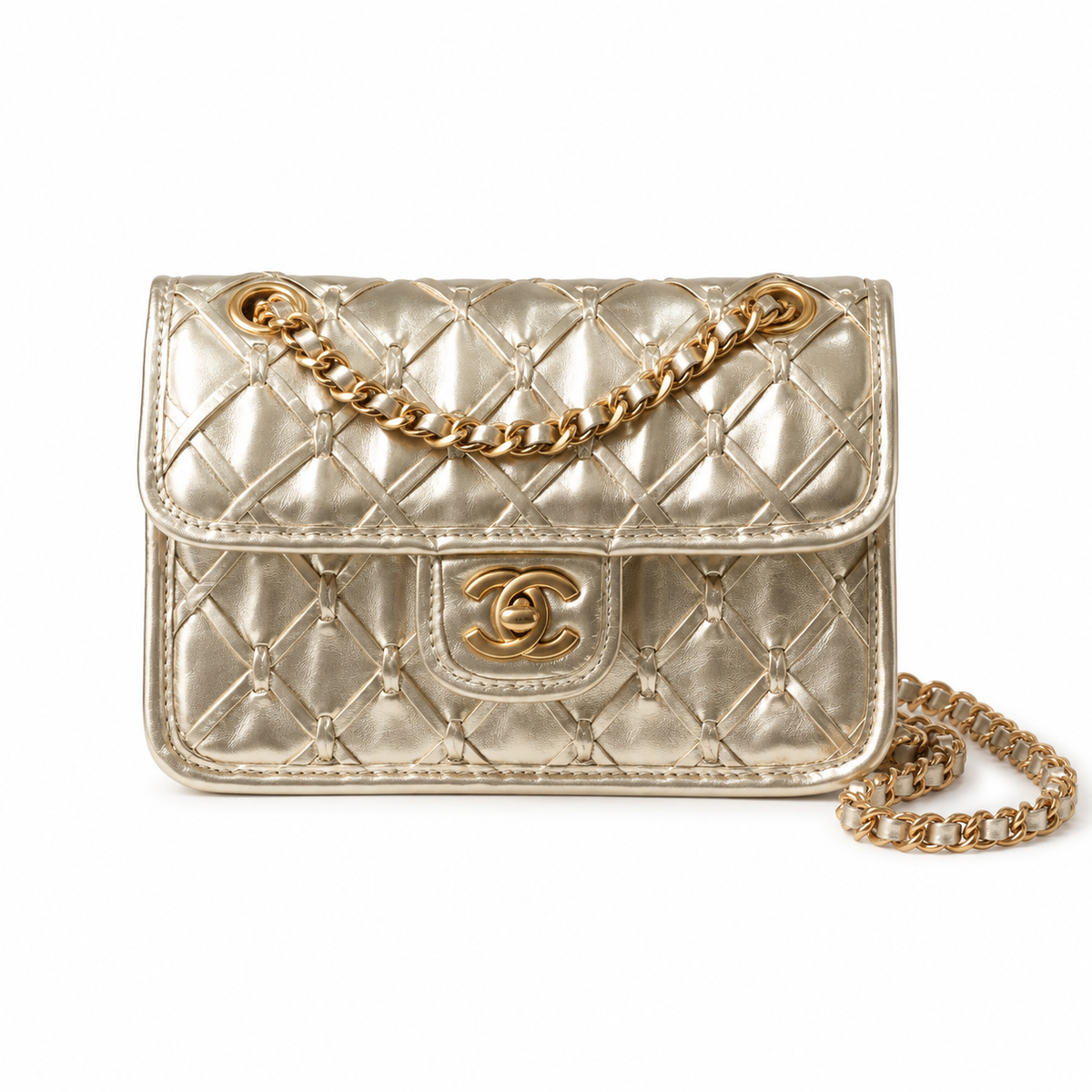 Chanel Champagne Gold Crinkled Metallic Small Flap Bag