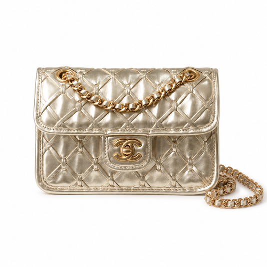 Chanel Champagne Gold Crinkled Metallic Small Flap Bag