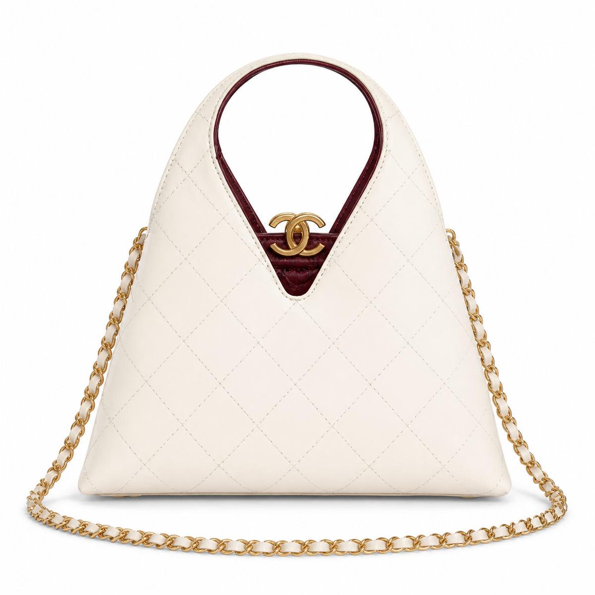 Chanel Large Hobo Bag Ivory White Diamond-Quilted Lambskin | Burgundy Interior & Gold CC Clasp — 32cm