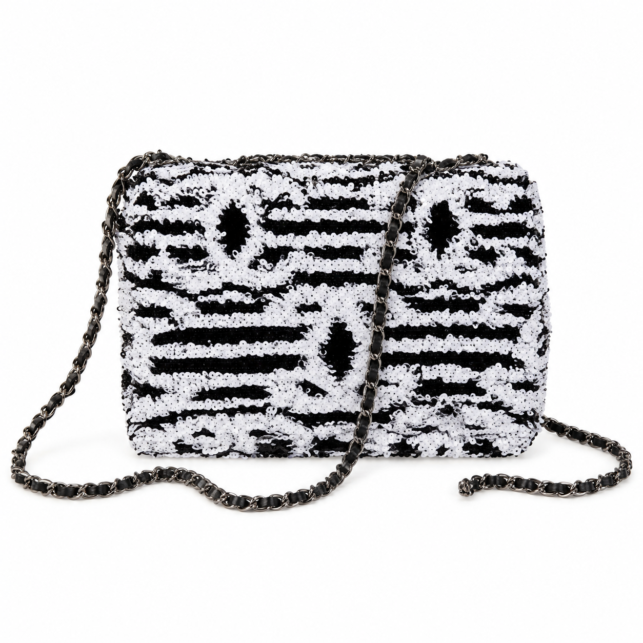 Chanel Black & White Zebra-Print Oversized Sequin Flap Bag | Square Gunmetal CC Turn-Lock & Black Leather Chain