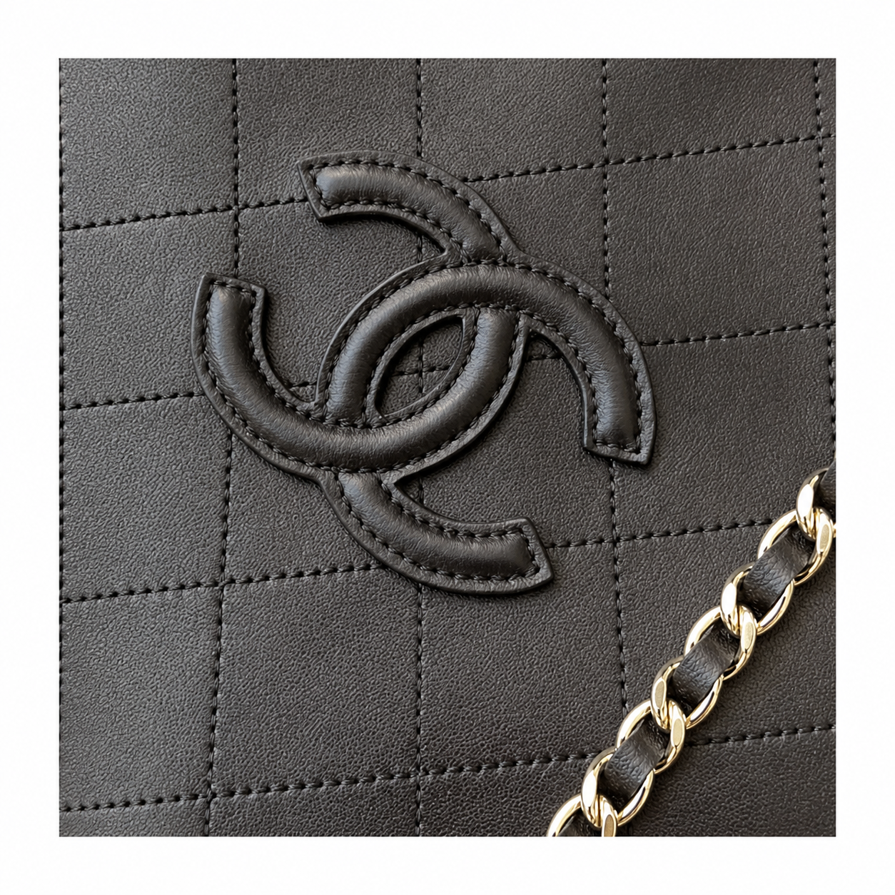 Chanel Small Shopping Tote Black Quilted Lambskin | Oversized Embossed CC & Gold Chain — 21cm