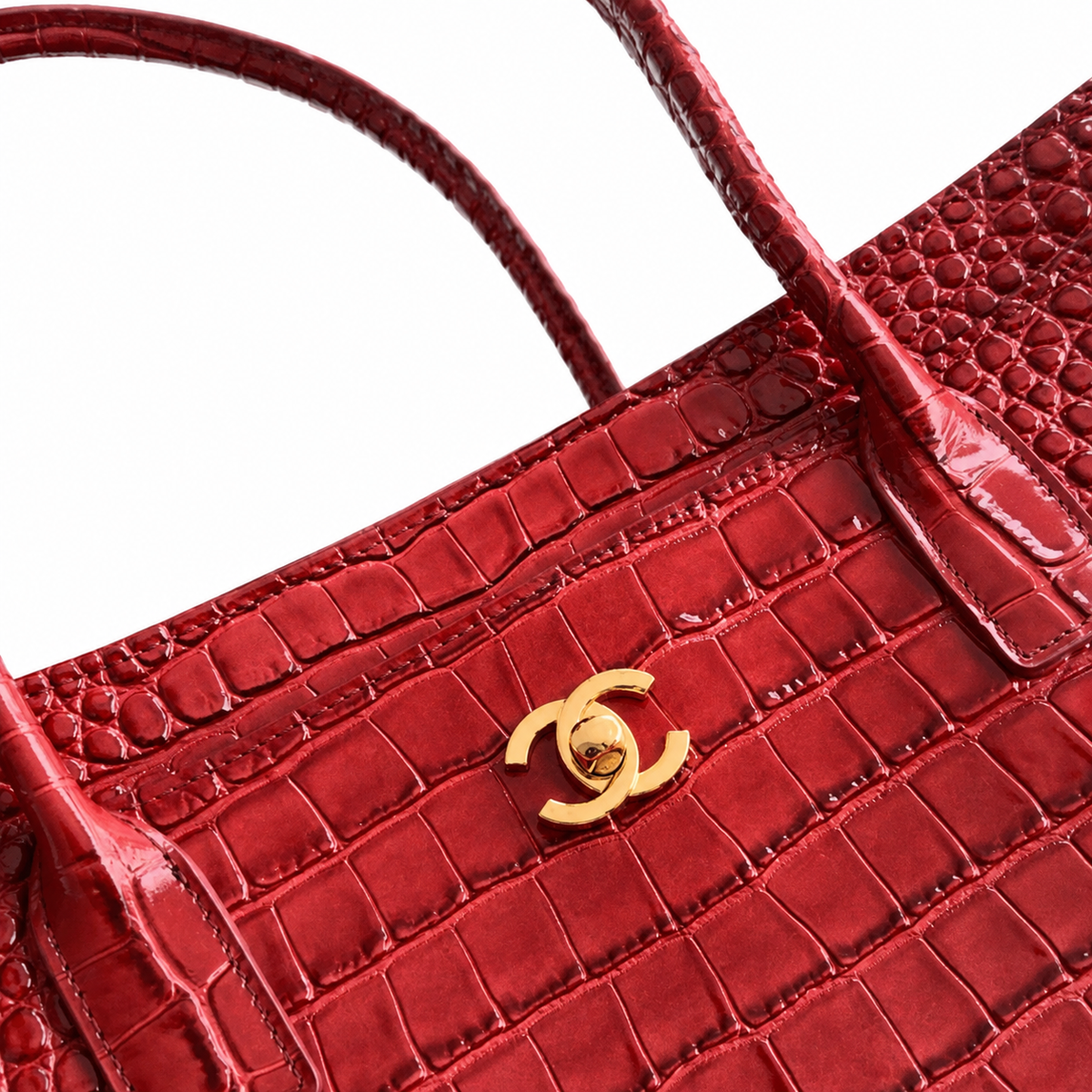 Chanel Burgundy Red Croc-Embossed Large Shopping Tote | Gold CC Turn-Lock & Tonal Handles