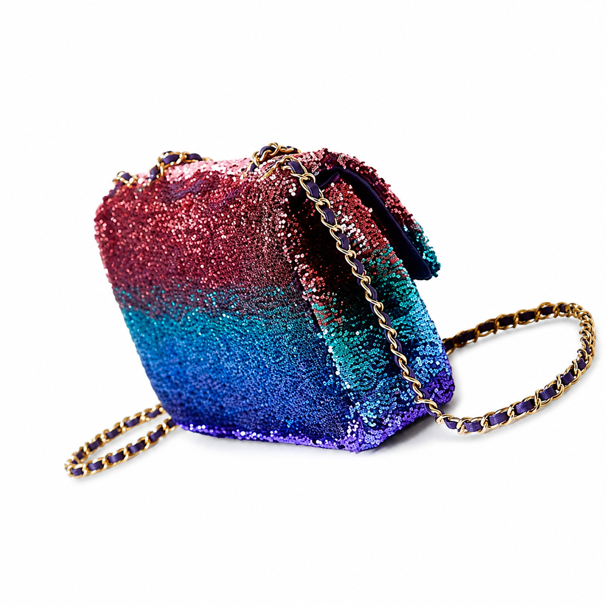 Chanel Aurora Ombré Sequin Flap Bag | Burgundy to Teal to Violet 5-Zone Gradient, Champagne Gold CC & Purple Chain