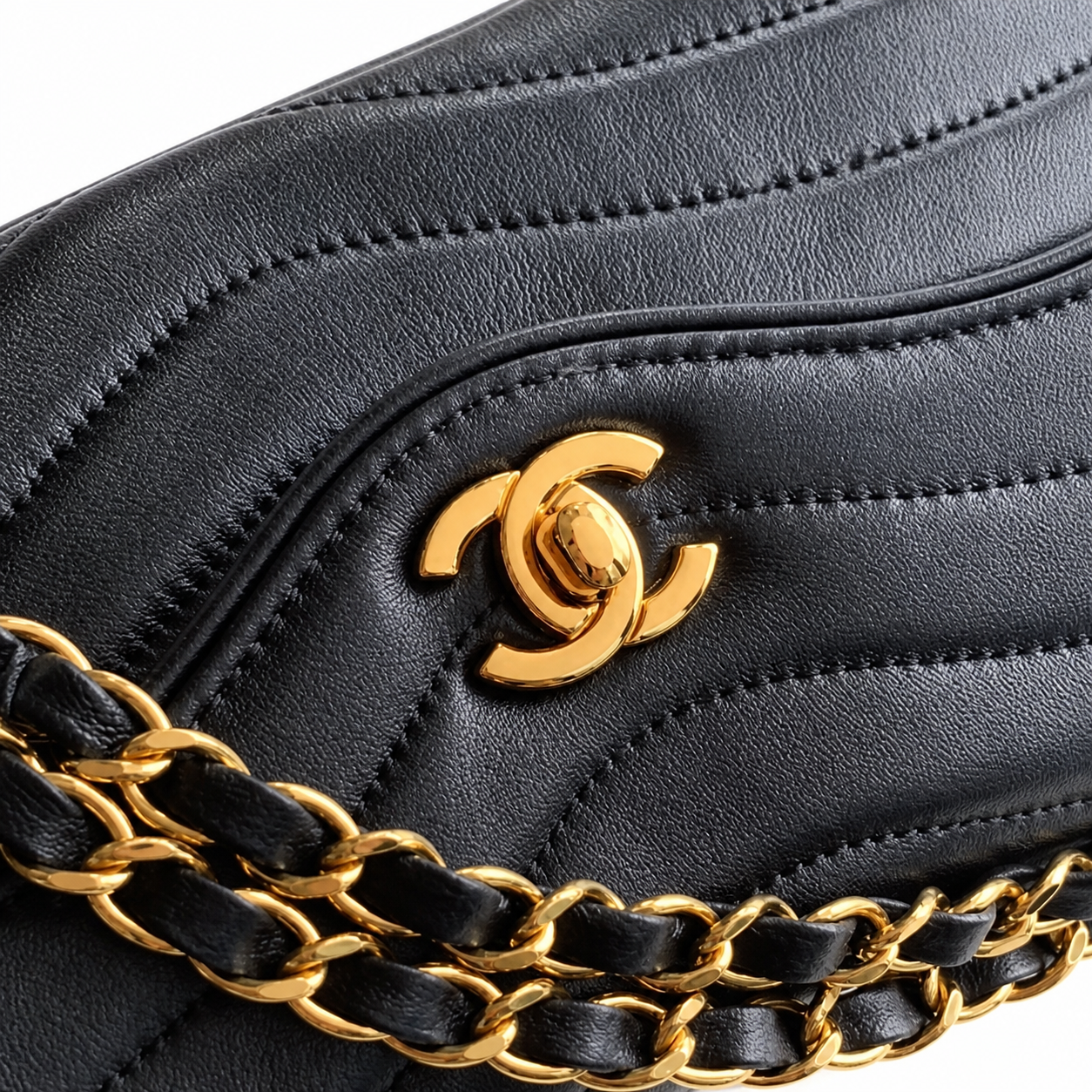 Chanel Wave-Quilted Mini Flap Black Lambskin | Gold CC Turn-Lock & Chain — 27cm