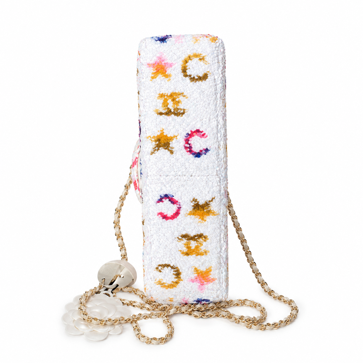 Chanel White Sequin Multicolour Text Flap Bag | CHANEL PARIS COCO LA DISCO, White Camellia Charm & Gold Chain