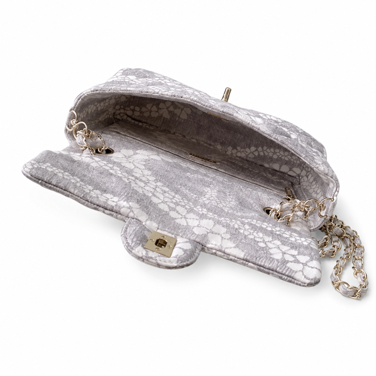 Chanel Grey & White Floral Lurex Twill Jacquard Small Classic Flap Bag | Champagne Gold CC Turn-Lock & Grey-White Leather Chain