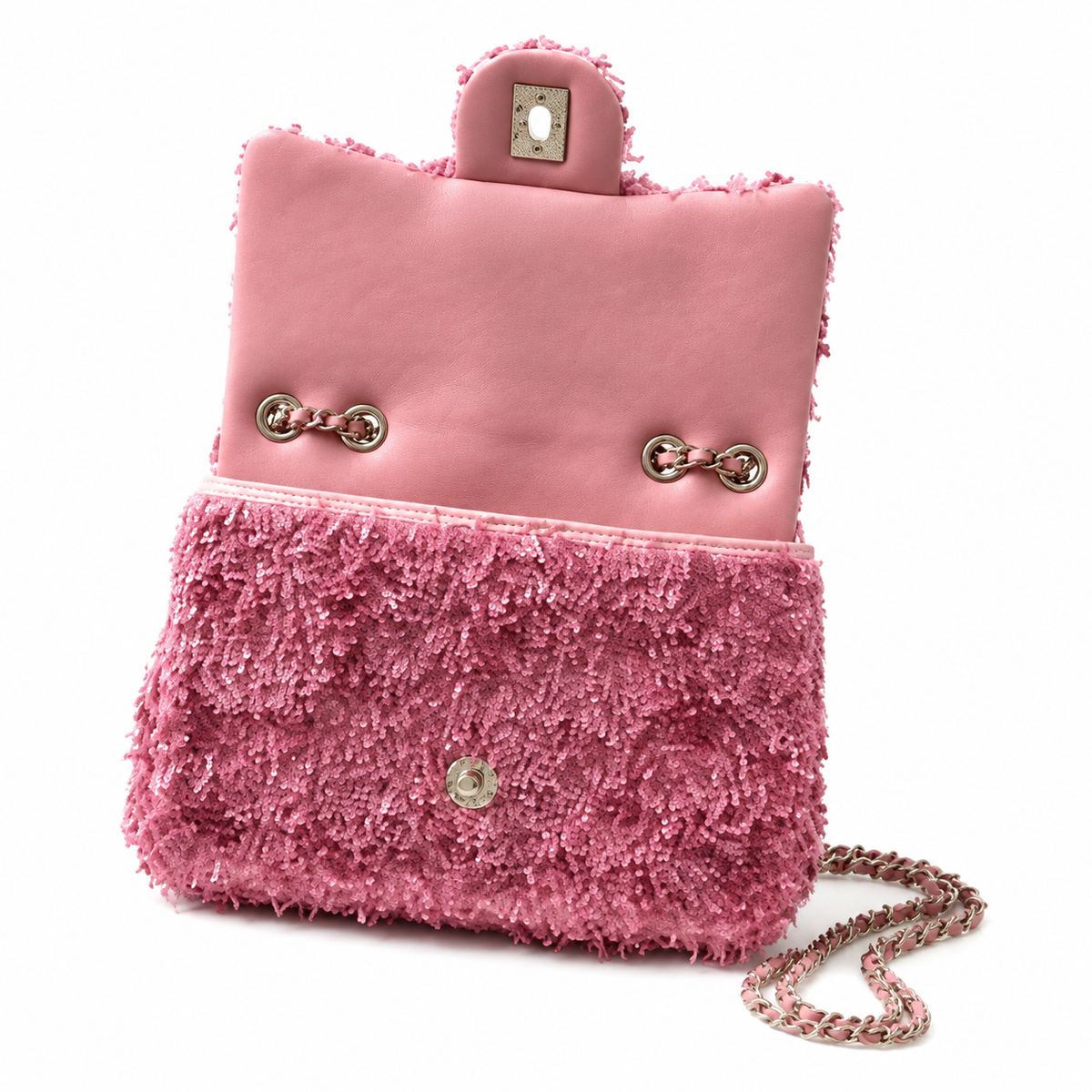 Chanel Pink Ring-Sequin & Leather Flap Bag | CHANEL PARIS Exterior Plaque, Rose Gold Chain & Full Pink Tonal System