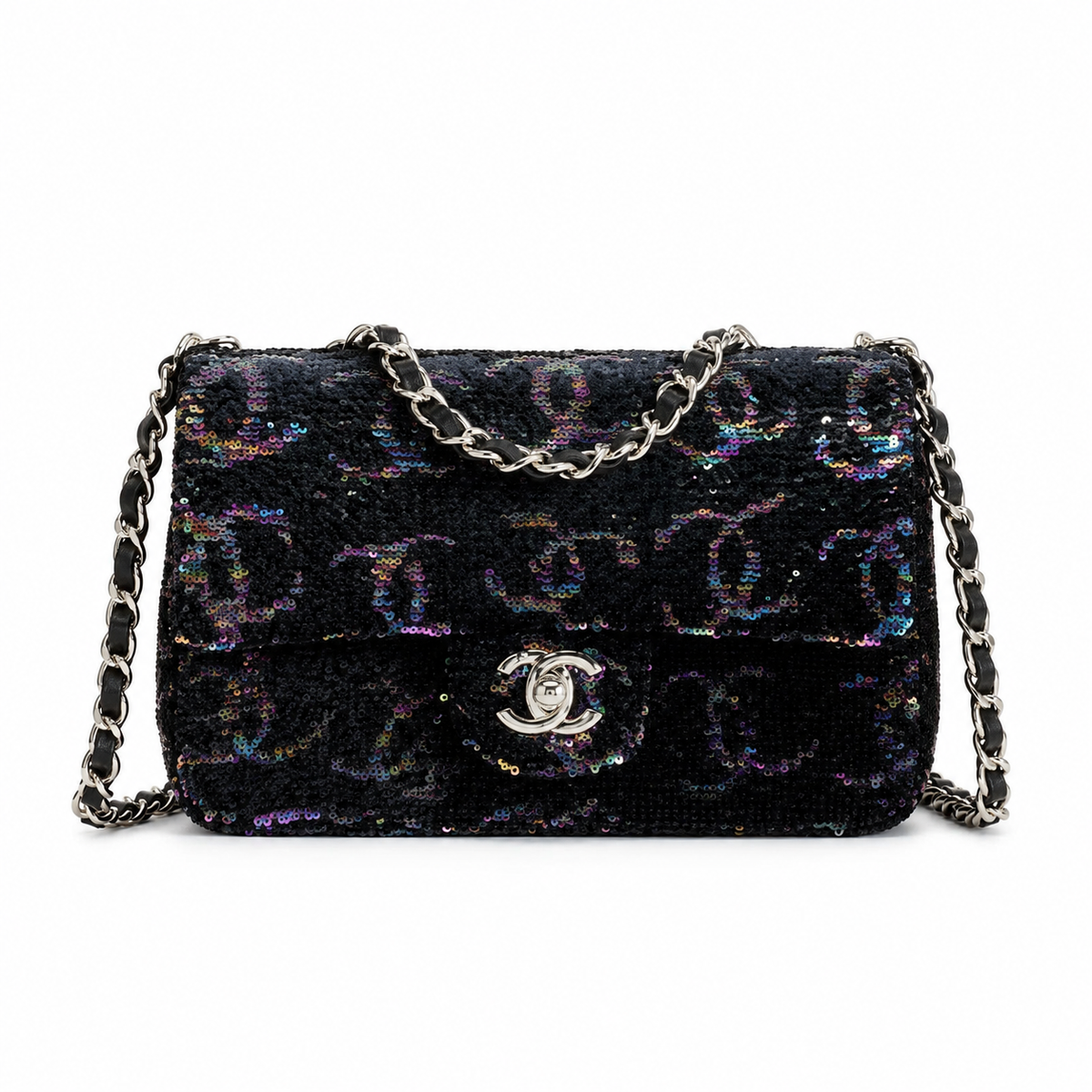 Chanel Black Aurora Borealis Iridescent Sequin Flap Bag | Colour-Shift Gold CC Turn-Lock & Silver Chain