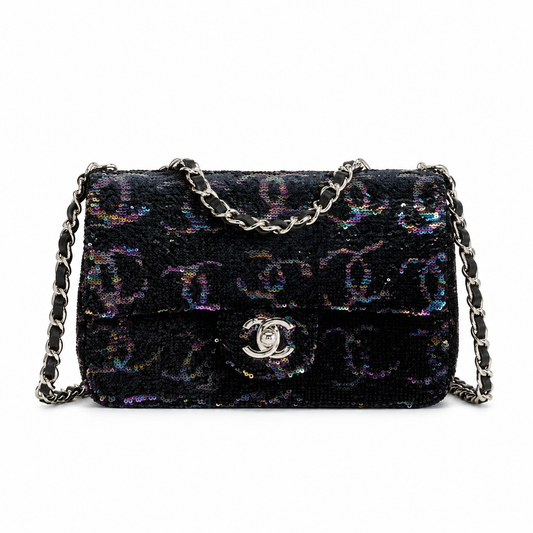 Chanel Black Aurora Borealis Iridescent Sequin Flap Bag | Colour-Shift Gold CC Turn-Lock & Silver Chain