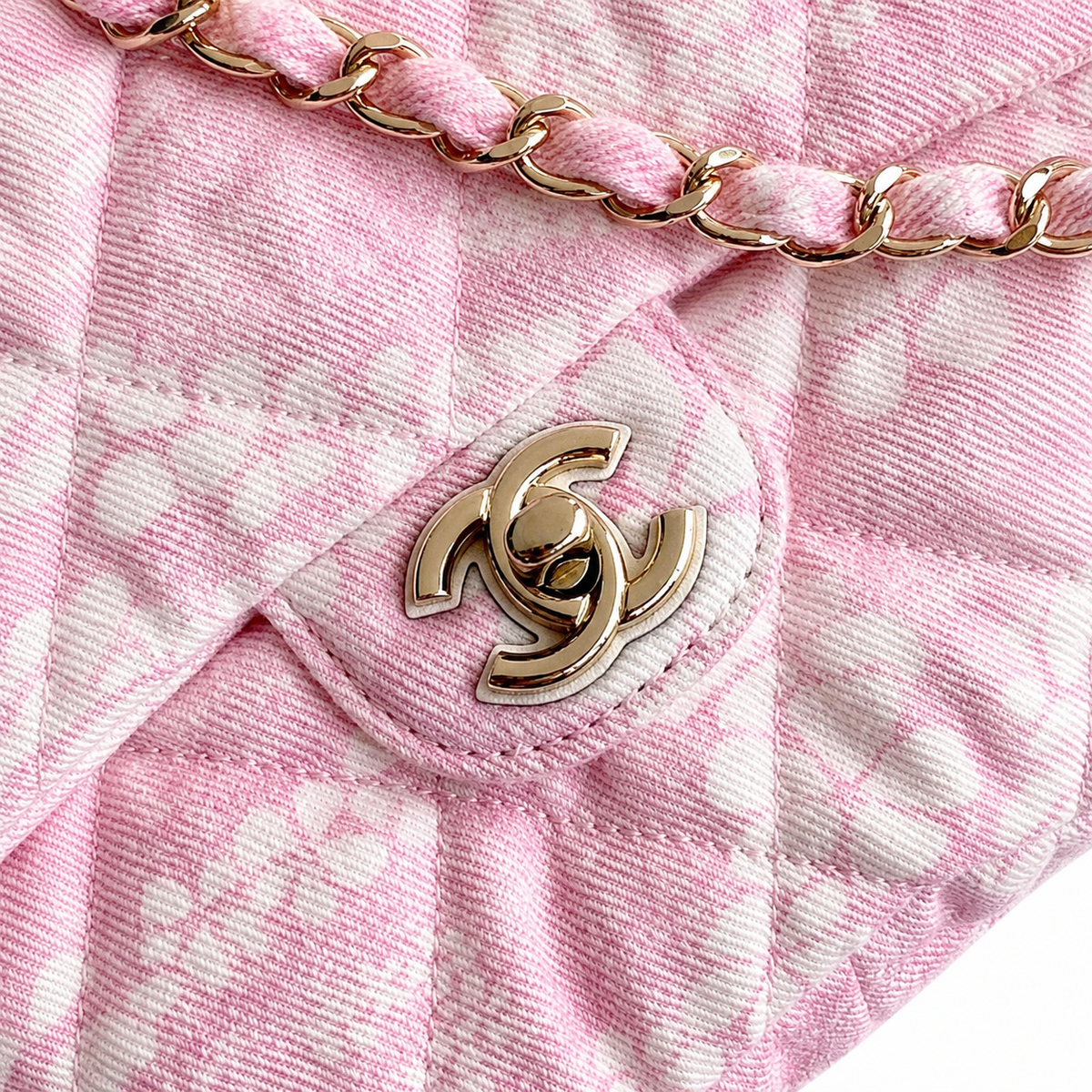 Chanel Pink & White Floral Tweed Bouclé Small Classic Flap Bag | Gold CC Turn-Lock, Rose Gold Chain & Tonal Pink Lining