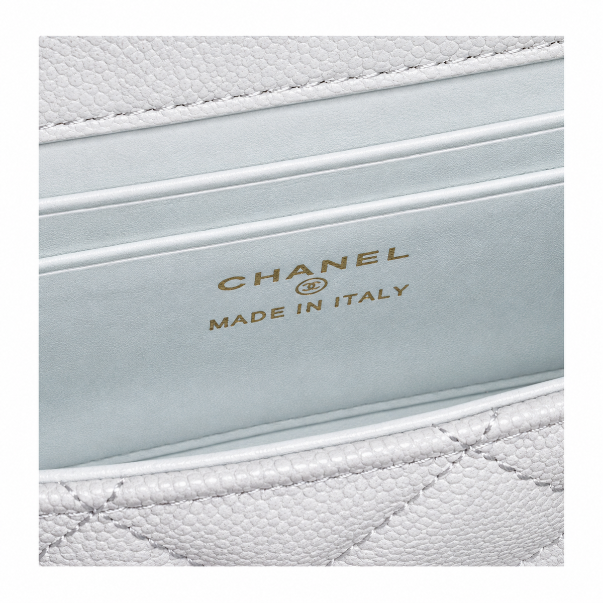 Chanel Iridescent Glacier Blue Caviar Quilted Mini Flap Bag | Scalloped Wave-Edge Flap, Chain-Texture CC Lock & Back Pocket