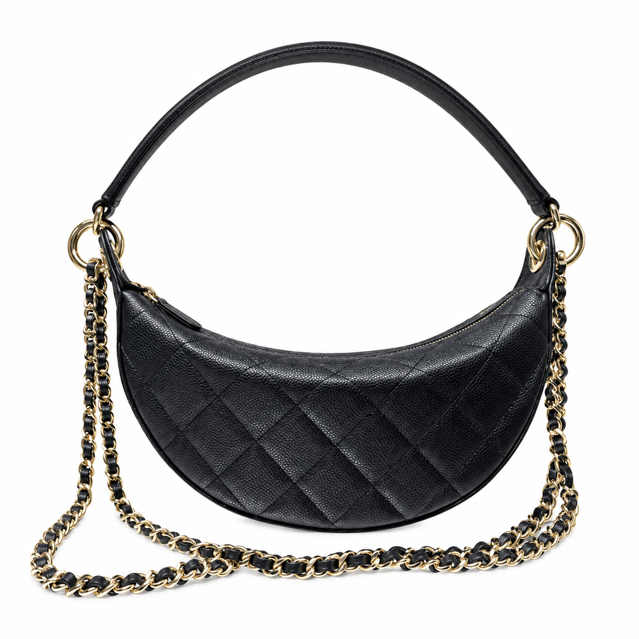 Chanel Crescent Zip Hobo Quilted Caviar Black Gold CC 22cm