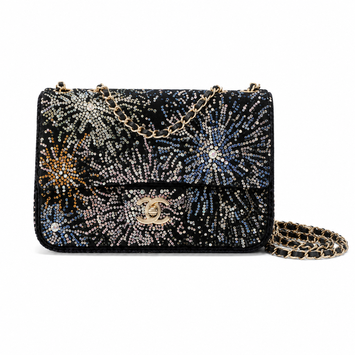 Chanel Black Suede Multicolour Crystal Rhinestone Flap Bag | Star-Field Front, Fireworks Starburst Back & Gold CC