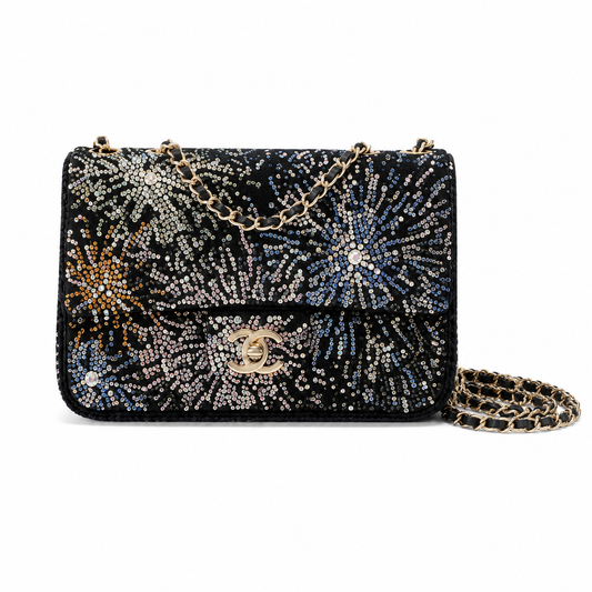 Chanel Black Suede Multicolour Crystal Rhinestone Flap Bag | Star-Field Front, Fireworks Starburst Back & Gold CC