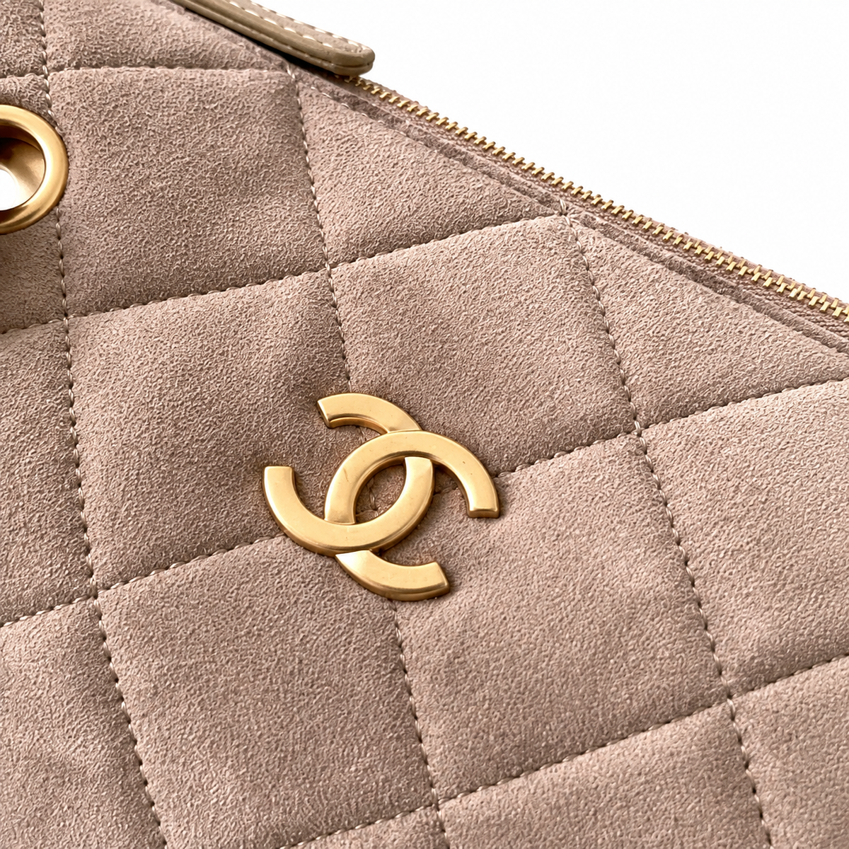 Chanel Warm Taupe Suede Quilted Camera Bag | Full-Length Gold Zipper, Dual Side Pockets & Double Chain