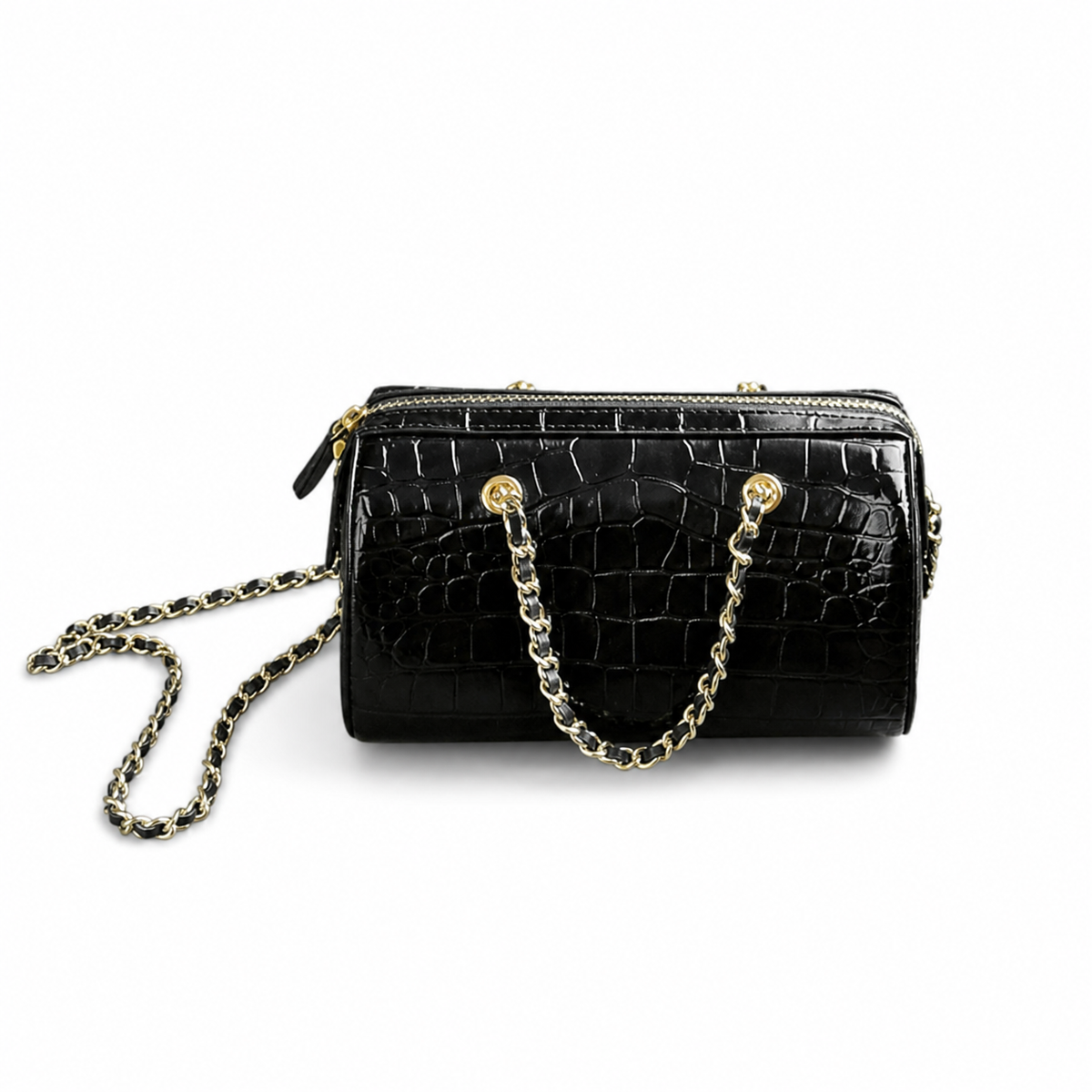 Chanel Black Croc-Embossed Mini Bowling Bag | Dual Gold Zippers — 19cm