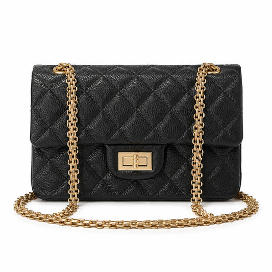 Chanel Black Quilted Caviar Double Flap Bag | Gold CC Plaque & Dual Gold Chain