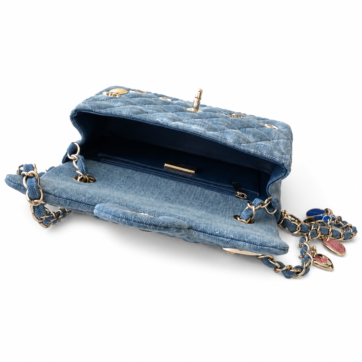 Chanel Denim Quilted Flap Bag | Heart Charm Gold Chain Blue — 20cm