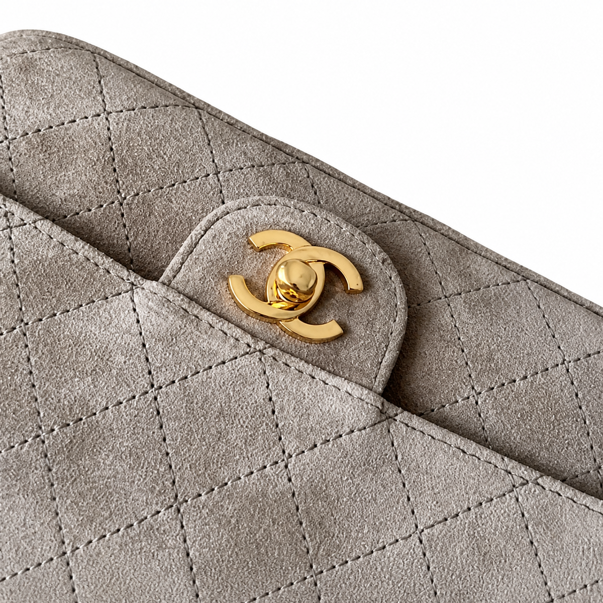 Chanel Classic Single Flap Bag Dove Grey Quilted Suede | Matte Gold CC Turn-Lock — 20cm