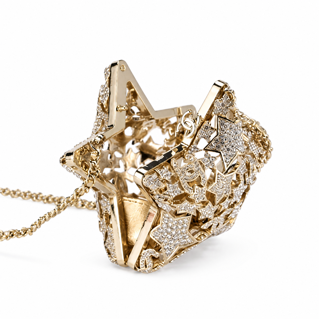 Chanel CC Pavé Crystal Star Minaudiere | Gold Filigree & Chain — 13cm