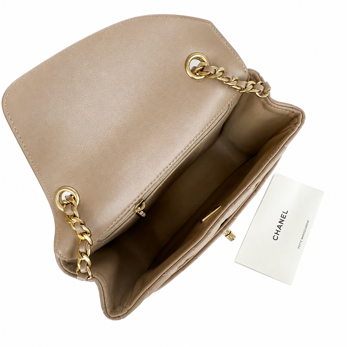 Chanel Small Double Flap Warm Beige Lambskin | Large CC Chain Charm & Chunky Gold Chain — 20cm