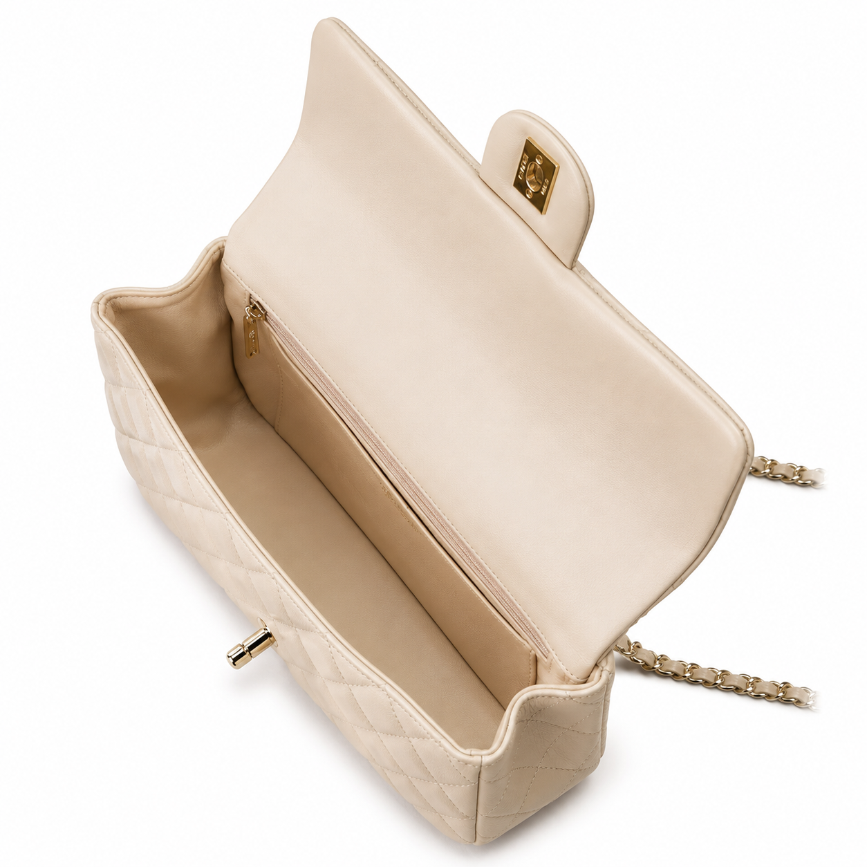 Chanel Cream Ivory Large Diamond-Quilted Lambskin Flap Bag | Top Handle & Pure Gold Chain