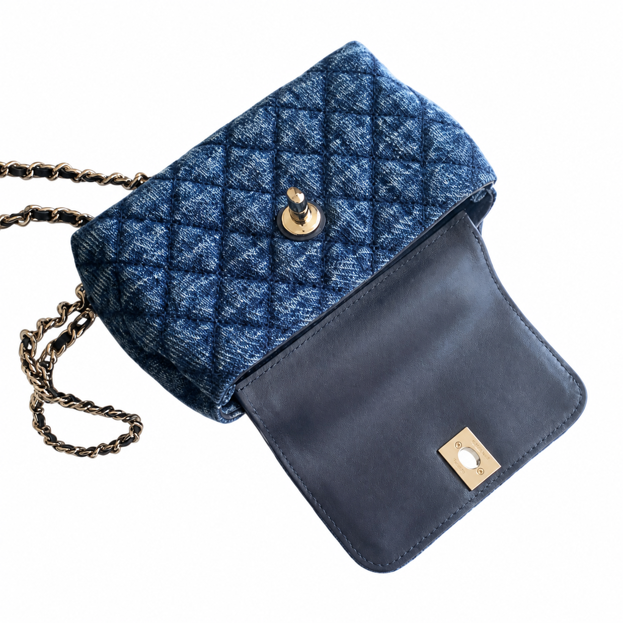 Chanel Coco Handle Quilted Denim Mini Flap | Navy & Gold Chain — 11cm
